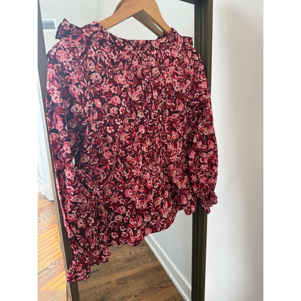 Talbots Petite Red Floral Pintuck Ruffle Tie Neck Cotton Blouse SP Womens - Picture 2 of 8